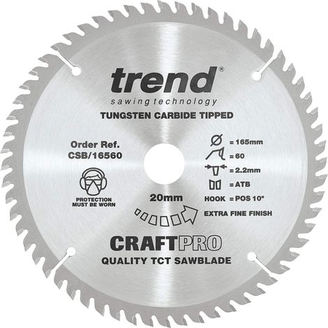 Trend Lama per sega CraftPro TCT, diametro 165 mm x 20 mm alesaggio x 60 denti, punta in carburo di tungsteno,CSB/16560