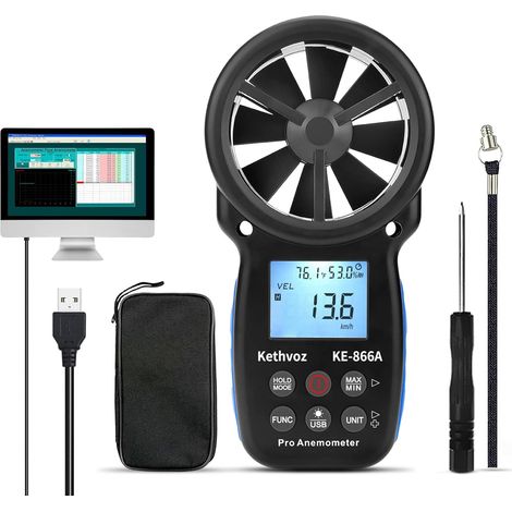 Anémomètre Portable avec Thermomètre pour Mesure la vent vitesse debit d air, Humidité, Température pour Système de collecte de poussière CVC, KE-866A (1/5)