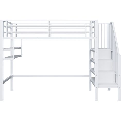 Cama alta infantil 90 x 200 cm blanca con estantes y escalera de almacenaje (1/5)