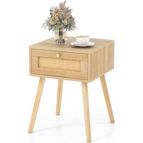 Boho Bedside Table with Hand-woven Rattan Decoration-Natural (1/5)