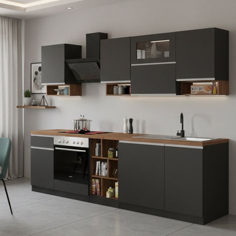 Dmora - Cucina completa Ronnie, Cucina pratica e salvaspazio, Parete da cucina con 8 ante e 1 cassetto, 100% Made in Italy, 255x60h85 cm, Antracite e Rovere, con imballo rinforzato