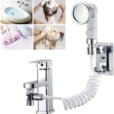 Douchette de robinet avec flexible de rinçage, inverseur et adaptateur, compatible avec les robinets de cuisine et de salle de bain. (1/3)