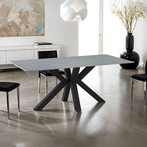 Tavolo Germany 180x90 piano ceramica effetto marmo grigio opaco e gambe nere (1/4)