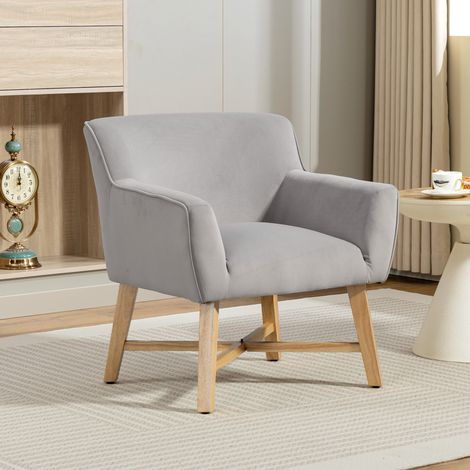 Butaca de Salón Tapizada en Terciopelo con Reposabrazos Acolchados y Patas de Madera Cruzadas 67x65x74 cm Gris Claro (1/5)