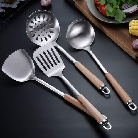 Lot de 4 ustensiles de cuisine en acier inoxydable 304, avec long manche en bois résistant à la chaleur. (4 poignées rondes) (1/5)