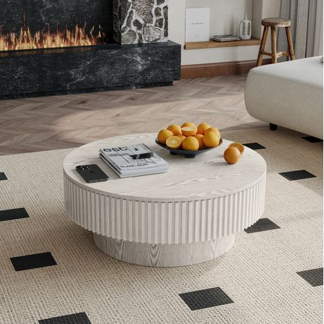 Table basse ronde 82x25x82 cm avec rangement caché, design rainuré effet champignon, bois et MDF blanc rétro (1/5)