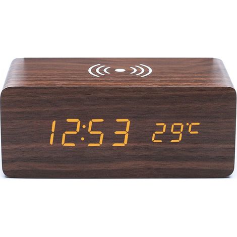 orologio sveglia in legno marrone con caricabatterie wireless Qi compatibile con iPhone Samsung Orologio digitale a LED in legno Funzione di controllo del suono, visualizzazione di ora, data e tempera (1/4)