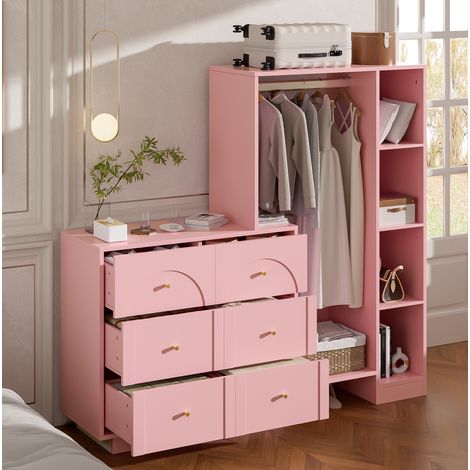 Armario multifunción abierto 139x35x133 cm con 6 cajones y estantes laterales, dormitorio - rosa (1/5)