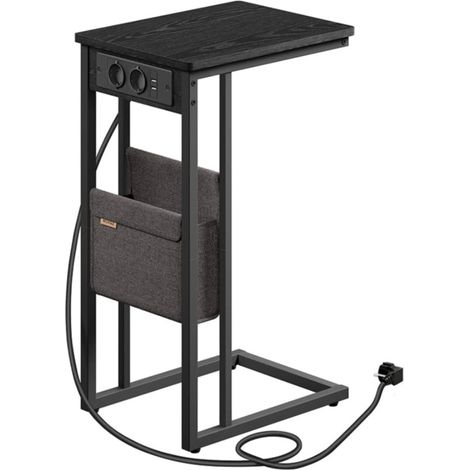 Tavolino laterale/comodino con multipresa/tavolino a forma di C per piccoli spazi 2 porte USB e prese piedini regolabili per camera da letto/soggiorno finitura in legno nero 120007571