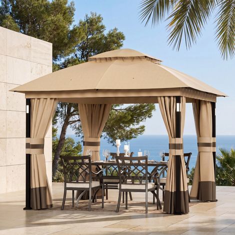 Modern Shade Pavillon 3x3m Wasserdicht Stabil Doppeldach mit 4 LED und Bluetooth Speaker Khaki (1/5)