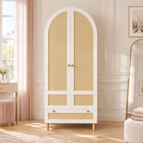 Armadio 80 x 50 x 180 cm in MDF bianco effetto rattan con cassetto e asta OKMYHOME (1/5)