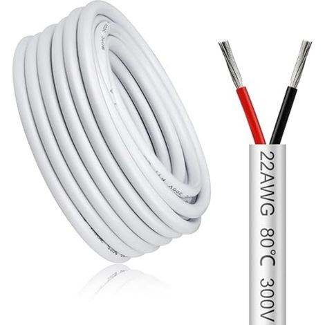 Câble électrique 5 mètres 22 AWG 2x0,3mm² à 2 conducteurs, blanc fil de cuivre étamé flexible, impédance faible, compatible alimentation LED 5V / 12V / 24V, résistance aux hautes températures (1/5)