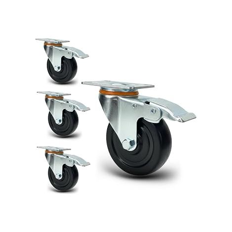 Set 4 Ruote Girevoli con Freno – Rotelle Silenziose in Poliuretano Antitraccia, 75 mm Anti-Corrosione, Rotazione 360°, Ideali per Carrelli, Scaffali, Banchi da lavoro,Attrezzature (1/5)