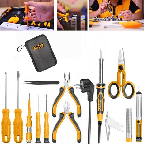 Kit utensili elettricista Saldatore Forbice Cacciaviti Pinze Set Borsa Ingco HKTTS0131 (1/4)