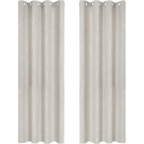 Lot de 2 Rideau Opaque Occultants Isolants Rideau Thermique Anti Froid 140x245cm à Oeillets Imprimé Lignes et Points Argentés Beige Clair (1/5)