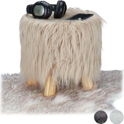 Relaxdays Taburete Bajo de Pelo Sintético Suave con 4 Patas, DM, Madera de Pino y Poliéster, Marrón, 31 x 31 cm (1/5)