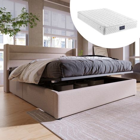 Lit coffre combiné double 160x200, structure tapissée lin beige, sommier lattes bois/métal, hydraulique - (avec matelas) (1/5)