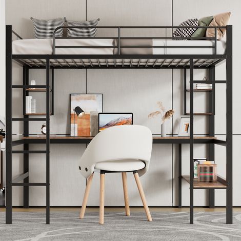 Letto a soppalco per bambini 90x200 cm, con scrivania e ripiani, in metallo e MDF, nero, senza materasso (1/5)