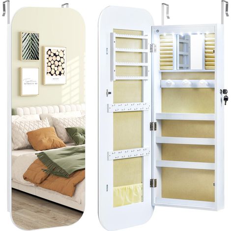 Rangement bijoux avec miroir pleine longueur, armoire à bijoux verrouillable, 6 LED, porte ou mur (1/5)