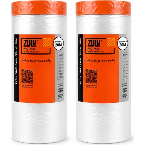 Zulu Pre-Taped Masking Film 2100mm x 20m - Heavy Duty Paint Static Plastic Dust Sheet Protection Film with Masking Tape, 2 Pack (1/4)
