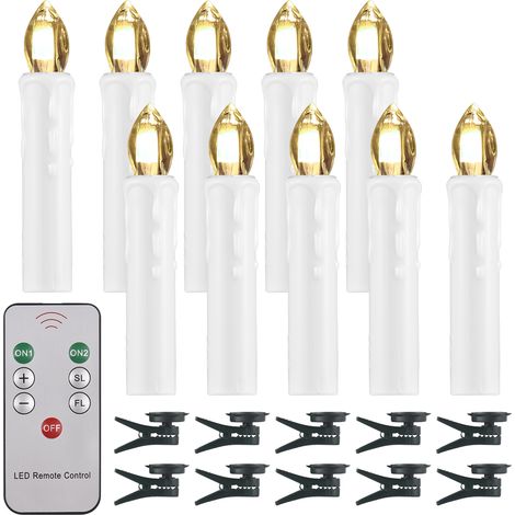 Paquet de 10 bougies sans flamme avec télécommande et clip, luminosité réglable, LED vacillantes, alimentées par piles, fausses bougies chauffe-plat électriques sans fil pour décoration de sapin de No (1/5)