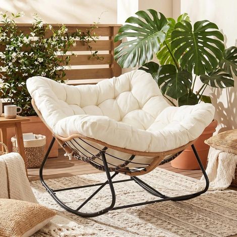 Fauteuil à bascule en rotin - Charge maximale : 150 kg - Beige Fauteuil à bascule surdimensionné avec rembourrage épais amovible et cadre en métal pour jardin, balcon, salon