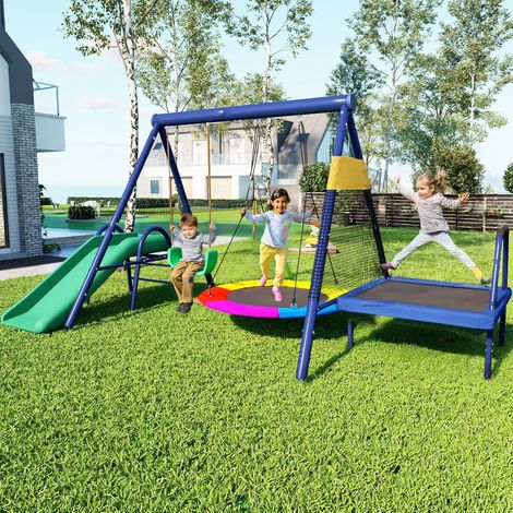 Ensemble Balançoire Multifonction Extérieur – Avec Toboggan, Trampoline, Balançoire Nid et Plastique, Pour Enfants 3-8 Ans