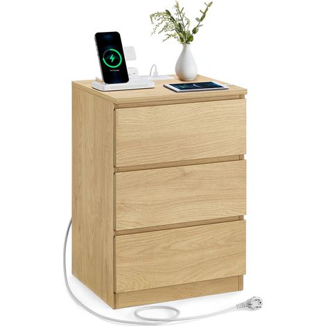 Comodino con multipresa tavolino con 3 cassetti 2 prese CA 2 porte USB frontali dei cassetti smussati per soggiorno camera da letto ufficio moderno 120007613