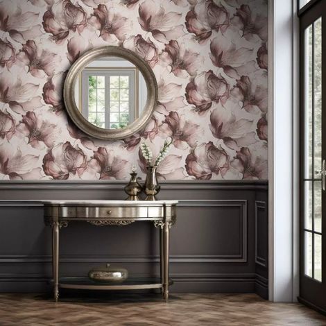 Pink White Floral Wallpaper Shimmering Gold Metallic Petals Feature Living Room (1/5)