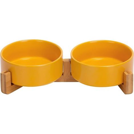 Lot de 2 gamelles orthopédiques doubles chat avec socle en bois antidérapant, en céramique, 13 cm, jaune (1/5)