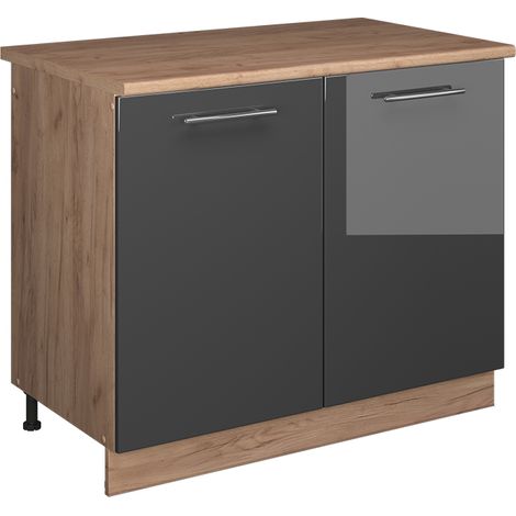 Mueble bajo para fregadero Fame-Line, Antracita alto brillo/Roble dorado, 100 cm, ET Roble, Vicco (1/5)