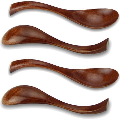 Ensemble de quatre cuillères à soupe en bois de nanmu, rondes avec de courts manches, ustensiles de cuisine. (1/5)