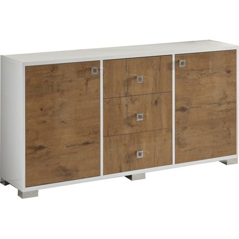 Buffet moderne 2 portes 3 tiroirs bois Oak et blanc brillant Sting 160cm (1/3)