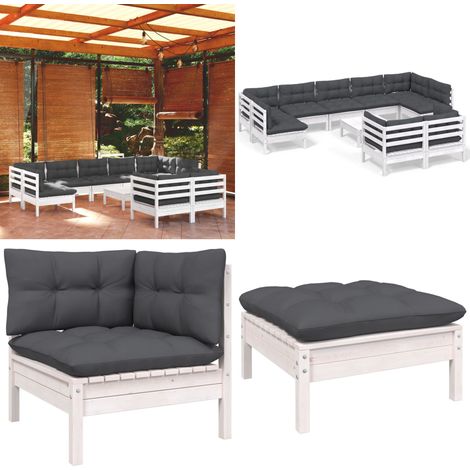10-tlg. Garten-Lounge-Set mit Kissen Weiß Kiefer Massivholz - Gartensessel - Lounge Set - Gartenmöbeln - Outdoor Möbel - Kiefernholz - Home & Living (1/5)