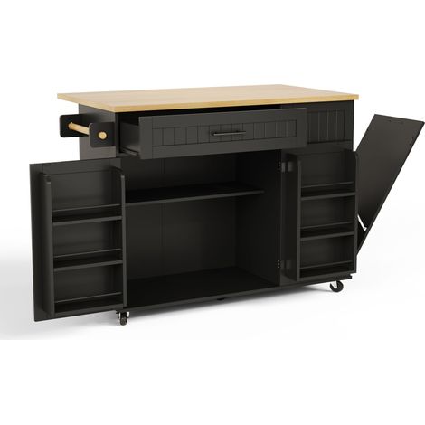 Îlot de cuisine mobile en MDF avec plateau rabattable, rangements, meuble poubelle et roulettes freinées pour cuisine et repas (1/5)