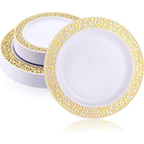 Set di 50 piatti riutilizzabili in plastica bianca, da 19 cm e 26 cm, piatti in plastica riutilizzabili, piatti per feste, stoviglie in plastica, piatto per feste con bordo dorato (1/5)