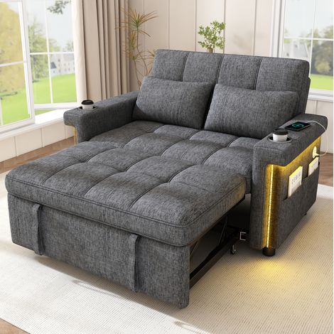 Canapé-lit 2 places convertible avec LED, ports USB/Type-C et chenille gris OKWISH (1/5)