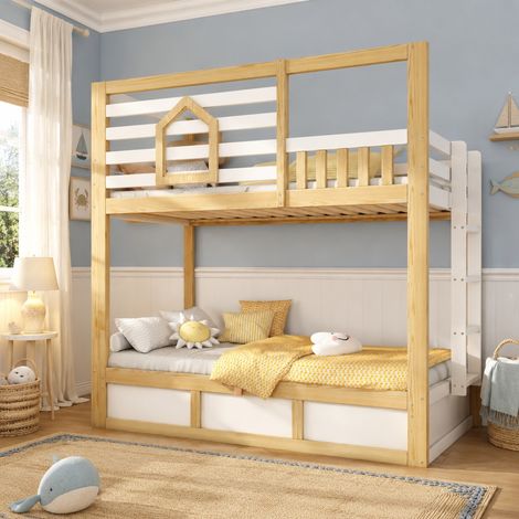 Letto a castello per bambini 90x200 cm stile casetta bianco e naturale OKWISH (1/5)