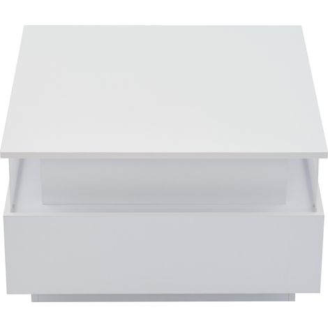Mesa de centro LED blanca brillante 70x70x41 cm con 2 cajones y compartimento transparente (1/5)