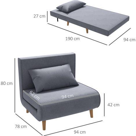 Canapé-lit une place, canapé convertible, canapé-lit pliant, dossier réglable, méridienne, style scandinave nordique, mousse 25D, revêtement aspect lin, bois d'hévéa, gris, 94 x 78 x 80 cm (1/5)