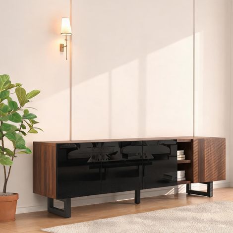 Meuble TV bas avec portes noires aspect bois 180 x 38 x 50 cm (1/5)