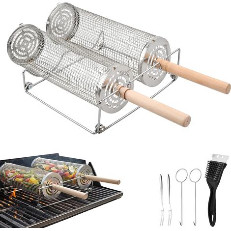 2 x Barbecue Grill 30 cm 29 cm, Round Stainless Steel Barbecue Basket with 2 Removable Wooden Handles, 2 Hooks, 2 Forks, Brush, Brackets, Cooking Baskets for Meat Barbecue Accessories (1/5)