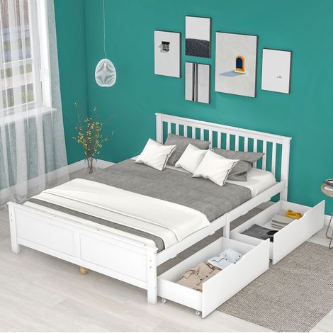Letto matrimoniale in legno massello bianco 140x200 cm con 2 cassetti contenitore (1/5)