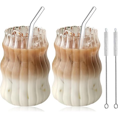 2pcs Verres À Eau Ondulés, Tasses À Café Tasses À Expresso Verre Verres À Boisson Avec 2 Pailles, 2 Brosse À Paille, Pour Café Thé Cappuccino Au Lait Bière Expresso 530ml (1/4)