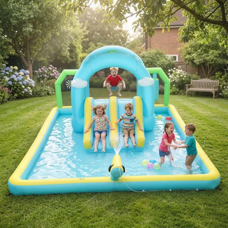 Castello acquatico gonfiabile 7 in 1 con soffiatore, 2 scivoli, trampolino, piscina, canestro da basket e colonna da boxe (426x360x198 cm) (1/5)