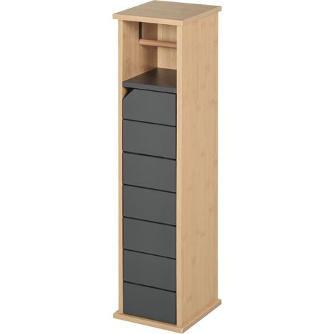 Mobile Bagno a Colonna con Porta Carta Igienica, Mobile Bagno Salvaspazio con Ripiano Regolabile in MDF e Bambù, 18x18x75cm, Color Bambù e Grigio