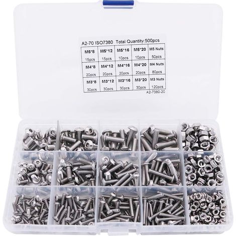 Schachtel mit 500 M3 M4 M5 304 Edelstahl-Metallschrauben und -muttern, einschließlich Linsenkopfschrauben, Sechskantschrauben, Befestigungselementen und Schraubenschlüsseln.
