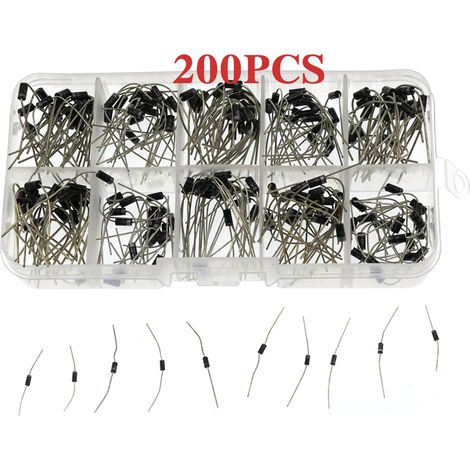 Lot de 200 diodes assortment 10 valeurs redresseur/Schottky 1N4001-1N4007-1N5819 boîte rangement (1/4)