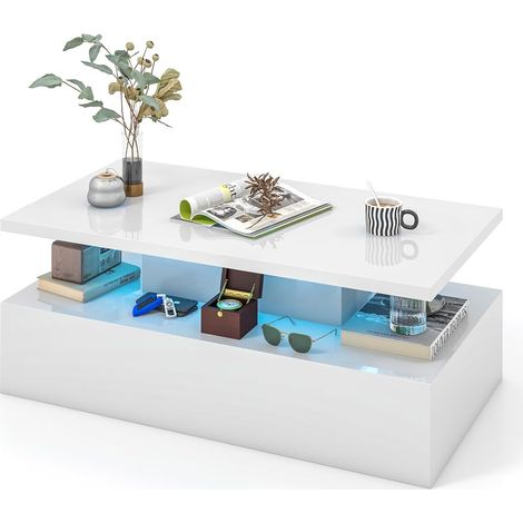 COSTWAY Table Basse LED, Table Basse Salon 20 Lumières Réglables AVCE Télécommande, 19 Modes Dynamiques, 8 Luminosité, Table Basse Noire Rectangulaire (Blanc) (1/5)