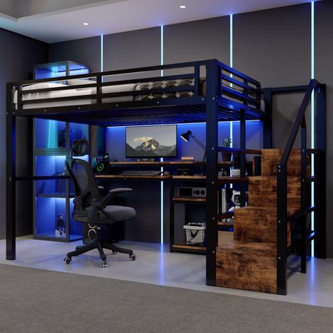 Lit Mezzanine 140x200cm - Lit Haut 2 Places en Métal avec Escalier de Rangement Étagères LED et Prises USB Type-C - Noir (1/5)